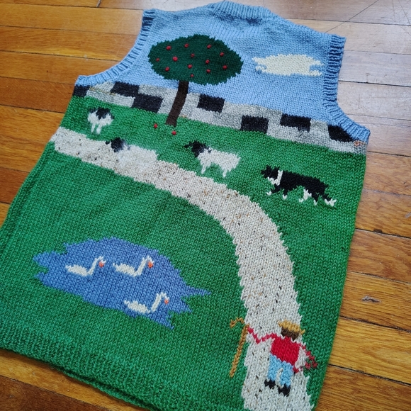 90s Vintage Handmade Wool Sleeveless Sweater Vest Garden Farm Handknit Medium - Picture 4 of 7